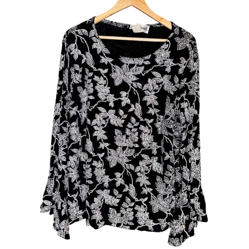 Ronni Nicole 3X Black Silver Glitter Floral Blouse Formal Evening Top Plus
